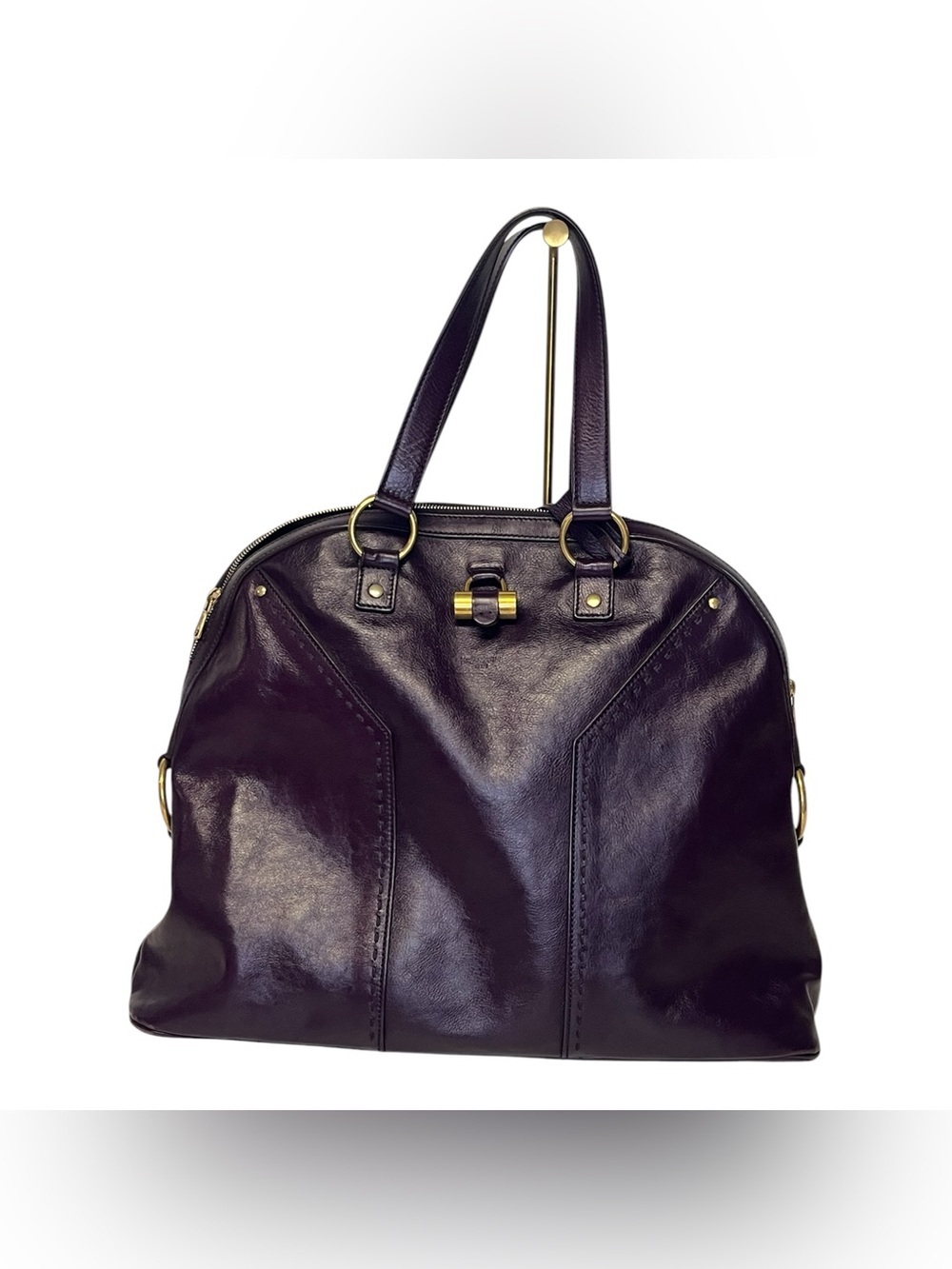 Yves Saint Laurent Plum Leather Shoulder Bag with Gold Hardware